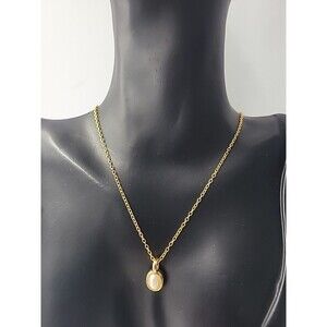 Vintage Gold Tone Oval White Cabochon Pendant Necklace Minimalist Dainty Bride